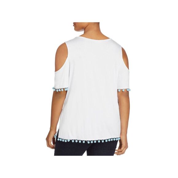 ALISON ANDREWS Womens Stretch Pom Pom Trim Short Sleeve Scoop Neck Blouse - Picture 2 of 2